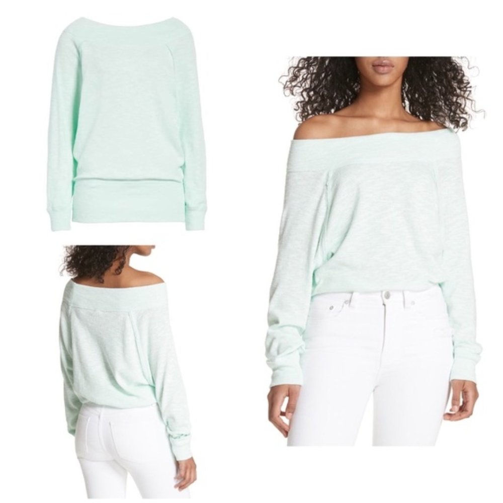 Free People Palisades Off-the-Shoulder Sweater Top in Mint Green - Picture 1 of 7